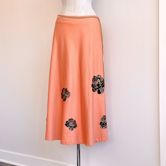 Lapis Salmon Pink-Orange Floral Embroidery 1950s Grease Maxi Swing Skirt Size 10 - Picture 2 of 15